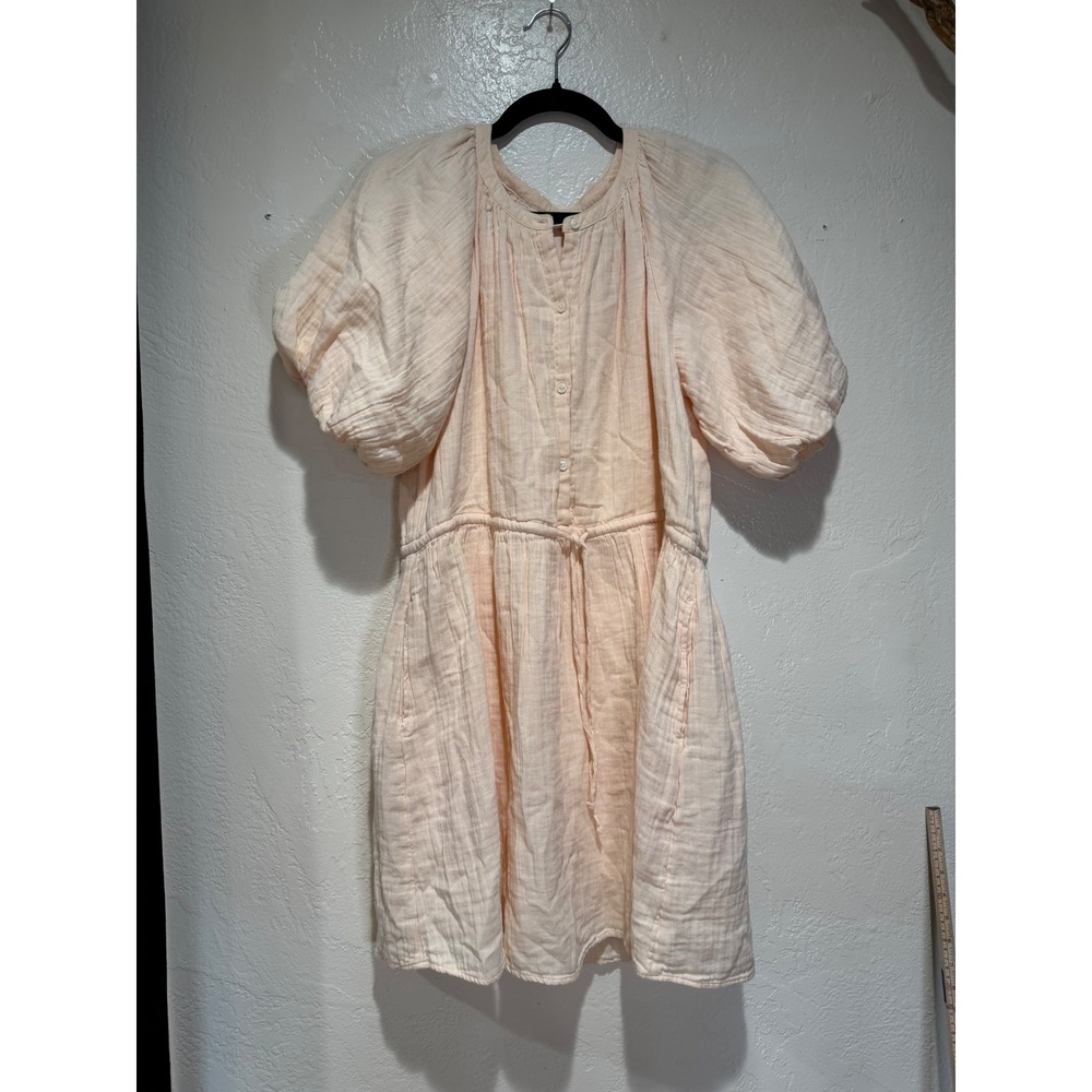 Peach Cotton Gauze Puff Sleeve‎ Mini Dress Button Front Drawstring Waist Womens